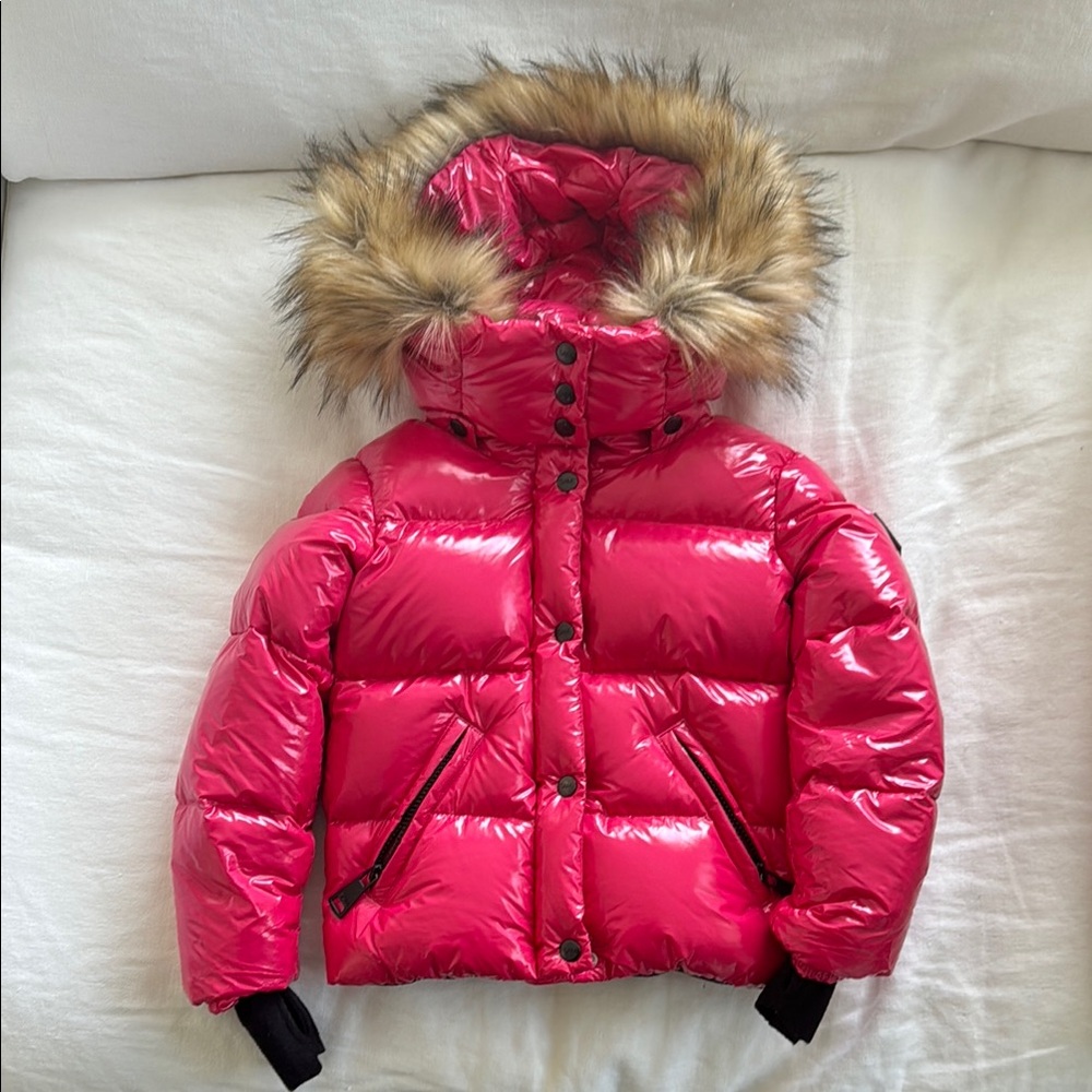 SAM. Girls Pink Puffer Jacket with Faux Fur Hood